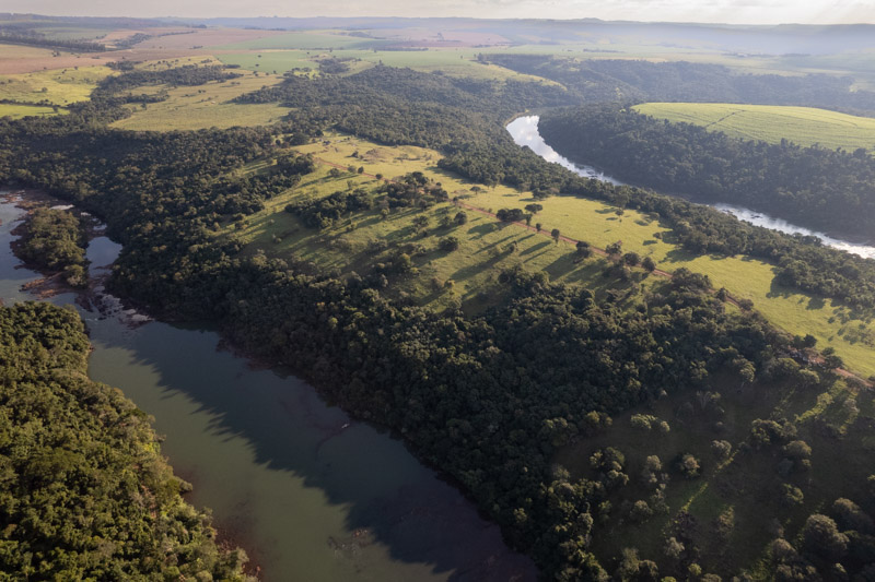 imagem 2, local: Parque Natural do Dourado - Piraju-SP. Imagem aérea do rio a 260 metros de altura, a câmera mira o horizonte. Nesse trecho o rio Paranapanema faz várias curvas. Na imagem aparecem duas partes do rio dividido por um trecho de terra. Nas margens predominam as matas, no fundo aparecem áreas de pastagens e agricultura. Da direita para esquerda o sol ilumina a imagem com uma luz amarela, as árvores da margem direita projetam sombras que encobrem parte do rio.